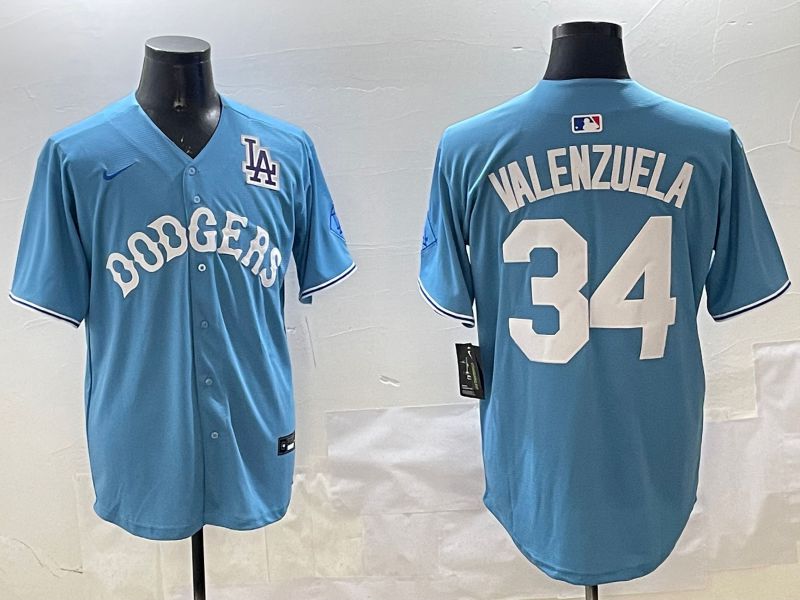 Men Los Angeles Dodgers 34 Valenzuela Light Blue Joint Name 2025 Nike MLB Jersey style 3165